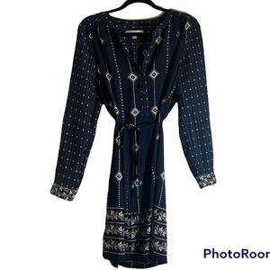 LOFT print casual boho flowy swing dress, knee-length long sleeve, navy blue